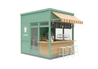 Modern green juice bar kiosk isolated, 3D rendering of a street food stall on white