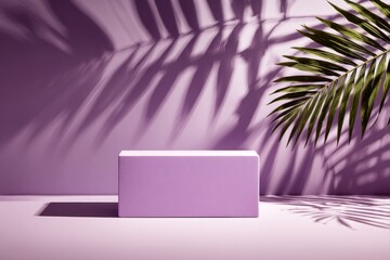 A minimalist scene with a lavender block, palm leaf, and shadows on a purple surface