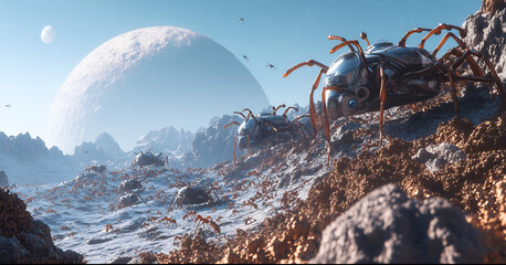 A colony of robotic ants on a rocky alien planet with a large moon dominating the sky in the background