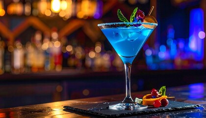 Elegant blue cocktail in a martini glass garnished with cherry, mint, and a purple flower, set on a black slate with fruit and herbs&mdash;vivid, luxurious, and bar-inspired.
