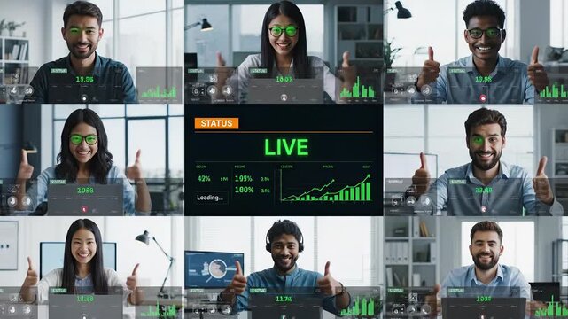 A diverse group of professionals is focused on their computers in a bright office setting. Each person shows determination while a project status reads pending on the main screen.