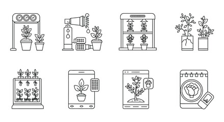 Indoor gardening equipment icons grow lights hydroponics and plant monitoring