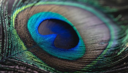 Naklejka premium Close-up texture of layered peacock tail feathers, showing vibrant iridescent eye-spots and detailed barbs, contrast on dark background.