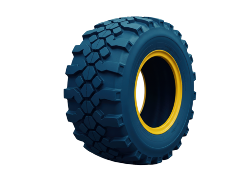 Blue off-road tire with yellow rim isolated on transparent background, automotive part for vehicle