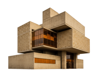 Brutalist architecture building isolated on transparent background, concrete structure with glass windows
