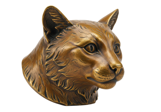 Bronze cat head sculpture isolated on transparent background, feline art for decoration and design