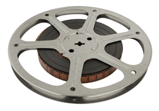 Vintage film reel with film isolated on transparent background, retro movie industry equipment
