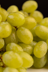 a branch of ripe beautiful green grapes lying on the table, covered with drops of water, wet fruits of pure green grapes on a branch
