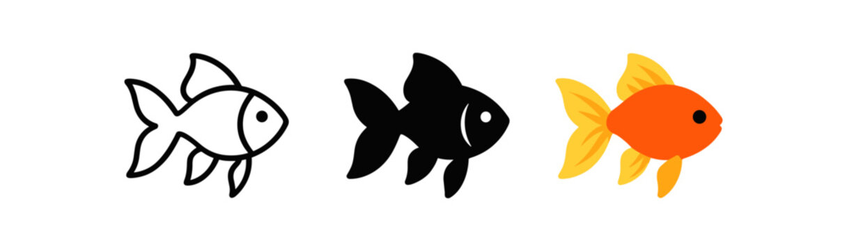 Minimalist fish icons in black and white and colorful goldfish design