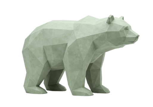 Low poly bear sculpture isolated on transparent background, polygonal animal figure PNG