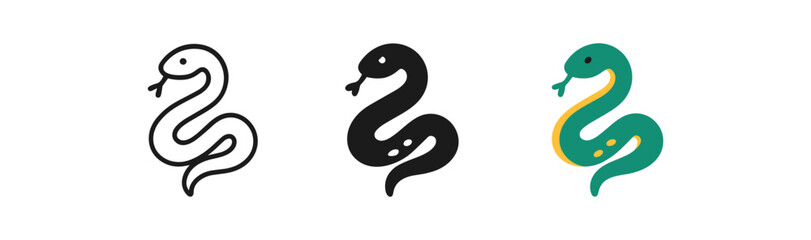 Obraz premium Minimalist snake design trio: outline, solid, and colorful variations
