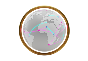 Global network isolated on transparent background, world connection concept in gold frame PNG