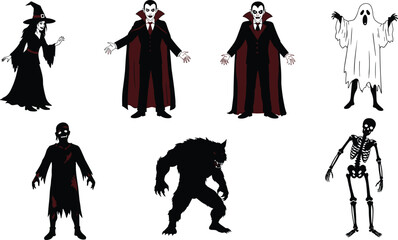 Cartoon Halloween characters, witch, vampire, ghost, zombie, werewolf, skeleton, spooky costume icons for festive design and seasonal decoration