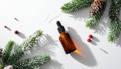 Brown glass dropper bottle surrounded by pinecones, herbs, star anise, red berries, and snow-like powder on a white surface&mdash;natural, festive, and wellness-inspired.