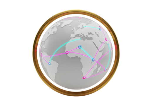 Global network isolated on transparent background, world connection concept in gold frame PNG