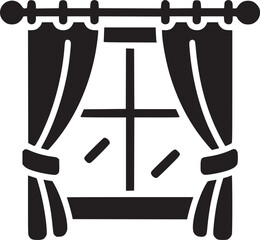 A simple black and white illustration of a window with curtains and a rod in a minimalist style