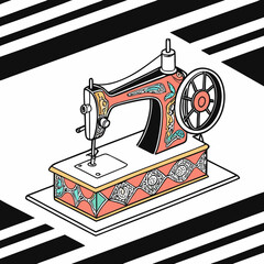 Coral and Teal Vintage Sewing Machine Vector retro