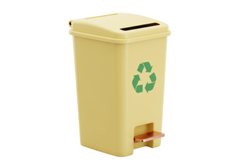 Yellow recycle bin isolated, waste container with foot pedal for recycling and garbage