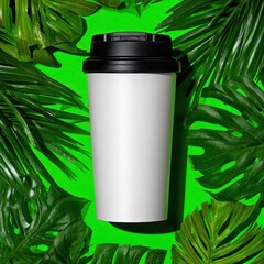 White coffee cup with black lid, surrounded by vibrant green foliage, set against a bright background