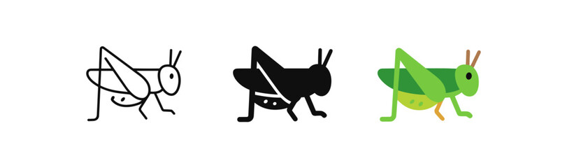 Grasshopper design trio: minimalist line art, solid black silhouette, and colorful cartoon