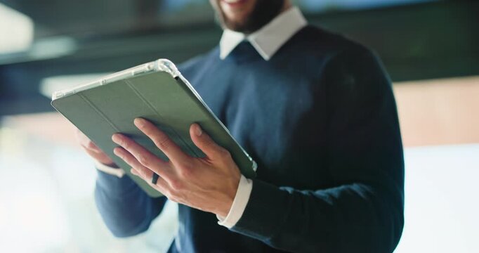 Hands, business and man with tablet in office for research, proofreading article and update draft. Below, journalist and digital for editor feedback, review newsletter and information for publication