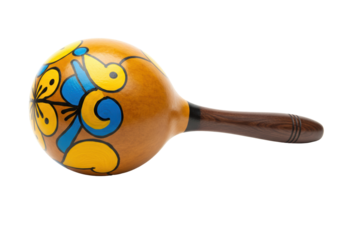 Handmade maraca with yellow and blue floral design isolated on transparent background, percussion instrument
