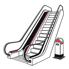 Escalator with red accents and trash bin stairs transport