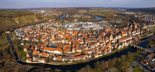 Obraz premium Aerial panorama view of the old town of Besigheim in Germany on a sunny autumn day