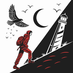 Hiker climbs towards lighthouse under crescent moon and flying birds