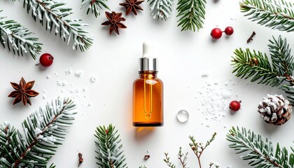 Brown glass dropper bottle surrounded by pinecones, herbs, star anise, red berries, and snow-like powder on a white surface&mdash;natural, festive, and wellness-inspired.