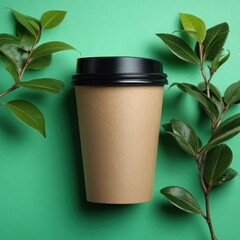 Paper coffee cup with black lid and green foliage, on a vibrant green surface