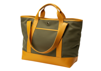 Olive green and yellow tote bag isolated on white, stylish fashion accessory for shopping