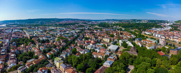 Aerial panorama view around the city and old town of Bad Cannstatt in Stuttgart, Germany on a sunny...