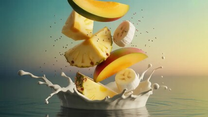 A photograph capturing a dynamic scene of
tropical fruits suspended mid-air, creating a vibrant and energetic composition. Slices of ripe mango, chunks of juicy pineapple, segments of banana