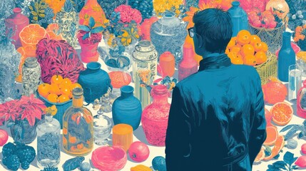 Artistic study featuring a man viewing an array of colorful objects in creative style