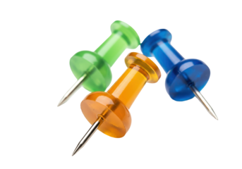 Three colorful push pins isolated on transparent background, green blue and orange thumbtacks