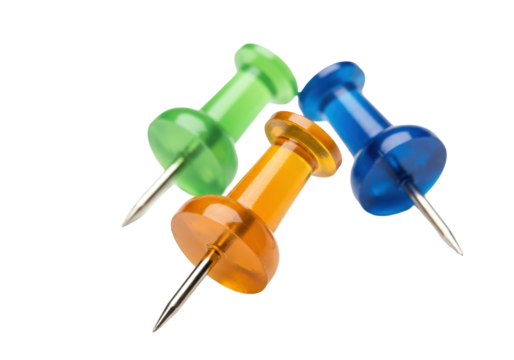Three colorful push pins isolated on transparent background, green blue and orange thumbtacks