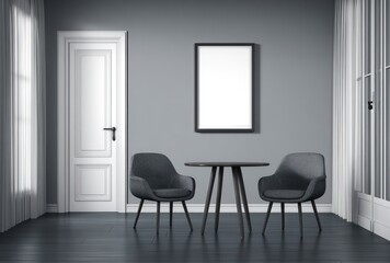 Elegant room chairs, table, framed art, door, and sheer curtains against gray walls