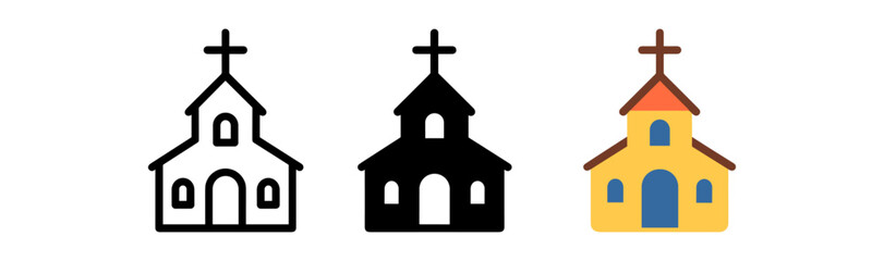 Church icon trio: outline, silhouette and flat colored variations
