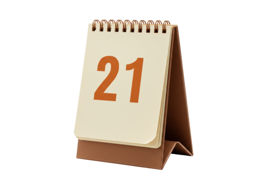 Desk calendar showing the number 21 isolated, brown and beige paper calendar for office or home
