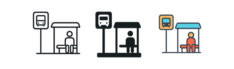 Urban bus stop icons: line, bold, and colorful styles for modern transportation design