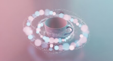 A light pink ceramic mug floats surrounded by a swirling vortex of soft pink and blue bokeh lights and tiny white sparkles
