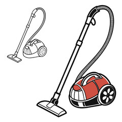 Red and black canister vacuum cleaner with hose and nozzle