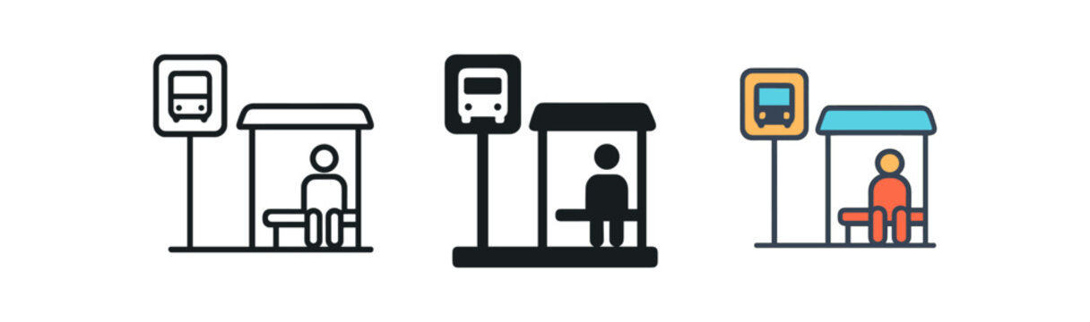 Urban bus stop icons: line, bold, and colorful styles for modern transportation design