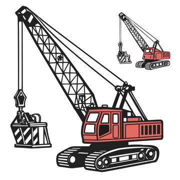 Red and black crane with clamshell bucket and smaller crane