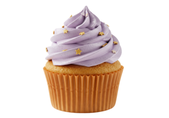 Delicious cupcake with purple frosting and star sprinkles isolated, sweet dessert PNG