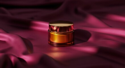Amber glass jar with gold lid on deep pink satin fabric cosmetic cream
