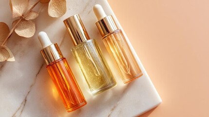 Naklejka premium Three elegant beauty oil bottles are arranged on a marble surface against a soft background creating a luxurious feel