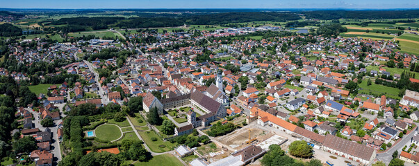 Aerial view around the old town of the city Babenhausen in Germany on a sunny spring day © Peter