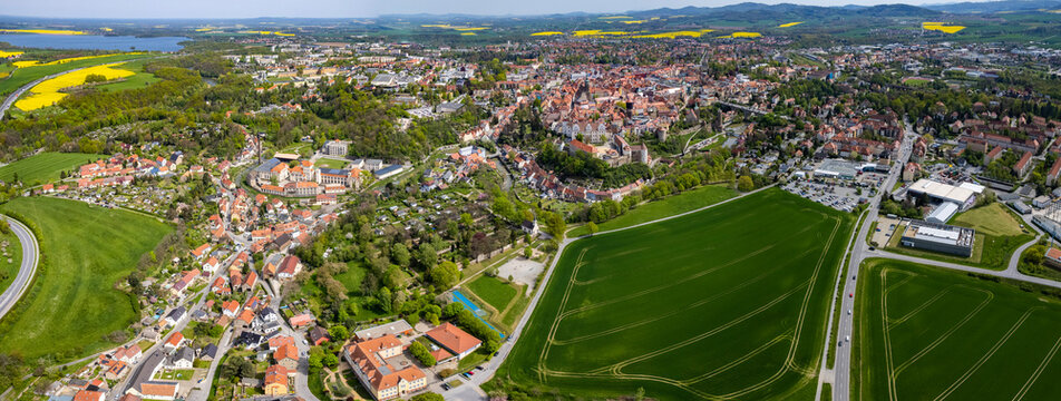Aerial view around the old town of Bautzen in east Germany on a sunny spring day